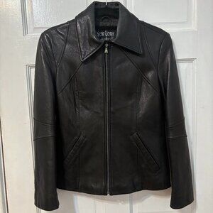 Black Leather Jacket Women's Small New York Zip Collar Boxy Straight 90s 10018 S